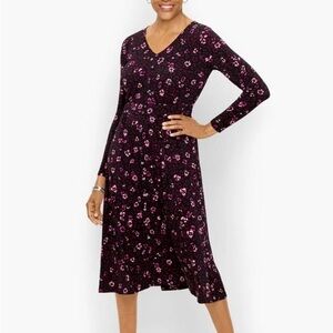 Talbots Abstract Animal Print Jersey Knot Dress Black and Pink V Neck Career